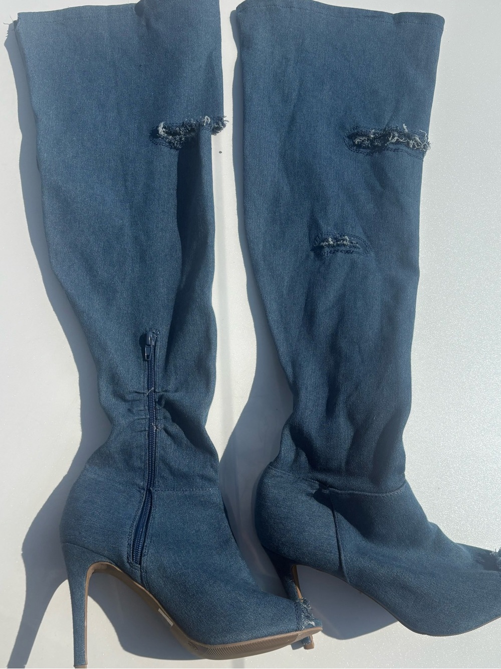 Women's Blue Knee-High Peep-Toe Stiletto Boots